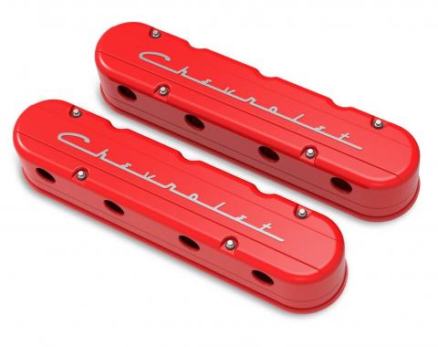Holley 2-Piece "Chevrolet" Script Valve Cover, Gen III/IV LS, Gloss Red Machined 241-179