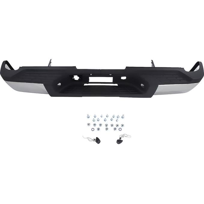 OER 2007-10 Silverado, Sierra 3500 GMT900 Dual Rear Wheel Models, Rear Step Bumper Assembly, For Models Without Parking Assist, With Brackets, Hardware, Chrome Endcaps T71288