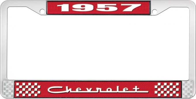 OER 1957 Chevrolet Style #5 Red and Chrome License Plate Frame with White Lettering LF2235705C