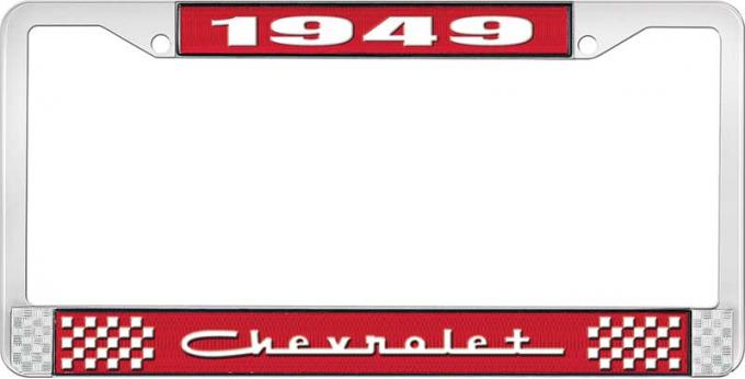 OER 1949 Chevrolet Style #5 Red and Chrome License Plate Frame with White Lettering LF2234905C