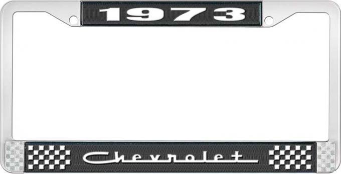 OER 1973 Chevrolet Style # 5 Black and Chrome License Plate Frame with White Lettering LF2237305A