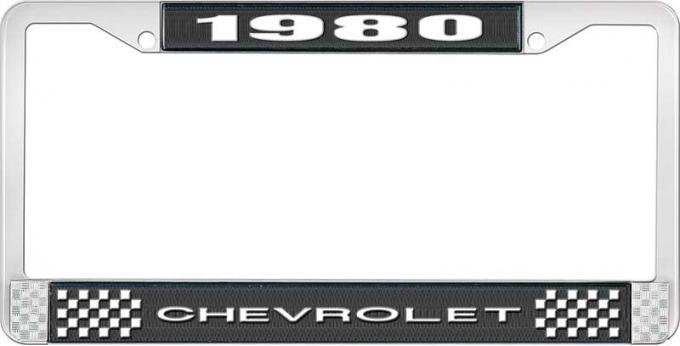 OER 1980 Chevrolet Style # 1 Black and Chrome License Plate Frame with White Lettering LF2238001A