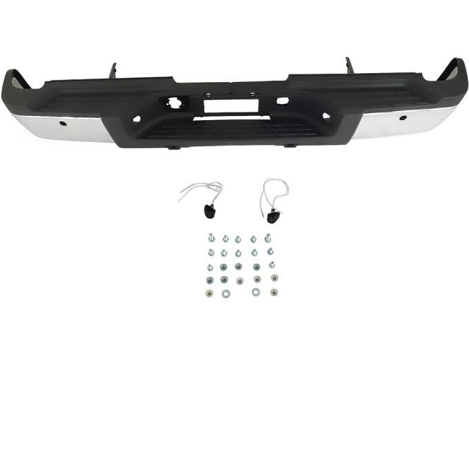 OER 2007-10 Silverado, Sierra 3500 GMT900 Dual Rear Wheel Models, Rear Step Bumper Assembly, For Models With Parking Assist, With Brackets, Hardware, Chrome Endcaps T71289