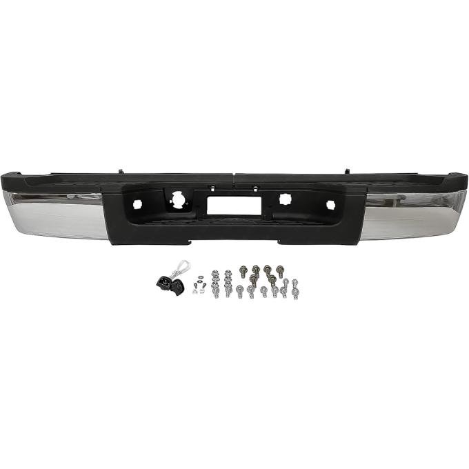 OER 2011-14 Silverado, Sierra 2500HD, 3500 GMT900 Single Rear Wheel Models, Rear Step Bumper Assembly, For Models Without Parking Assist, With Brackets, Hardware, Chrome Endcaps T71292