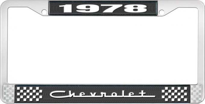 OER 1978 Chevrolet Style # 5 Black and Chrome License Plate Frame with White Lettering LF2237805A
