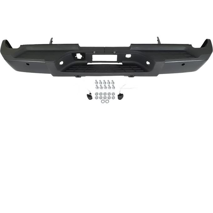 OER 2007-10 Silverado, Sierra 3500 GMT900 Dual Rear Wheel Models, Rear Step Bumper Assembly, For Models With Parking Assist, With Brackets, Hardware, Black Endcaps T71301