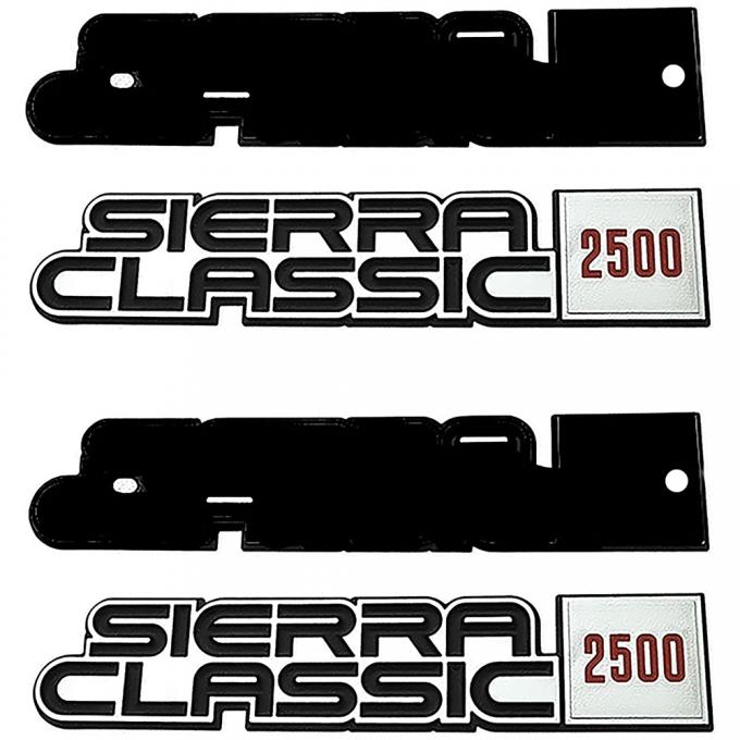 OER 1981-91 GMC Pickup, Jimmy, Suburban, "Sierra Classic 2500" Front Fender Emblems, with Hardware, Pair, GM Licensed 14056465