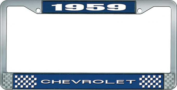 OER 1959 Chevrolet Style #1 Blue and Chrome License Plate Frame with White Lettering LF2235901B