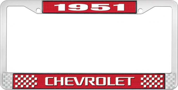 OER 1951 Chevrolet Style #3 Red and Chrome License Plate Frame with White Lettering LF2235103C