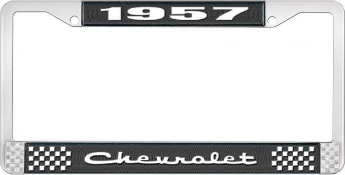 OER 1957 Chevrolet Style #2 Black and Chrome License Plate Frame with White Lettering LF2235702A