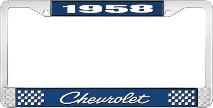 OER 1958 Chevrolet Style #4 Blue and Chrome License Plate Frame with White Lettering LF2235804B