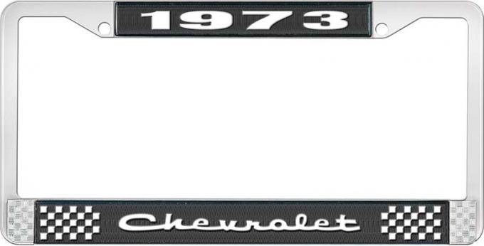 OER 1973 Chevrolet Style # 2 Black and Chrome License Plate Frame with White Lettering LF2237302A