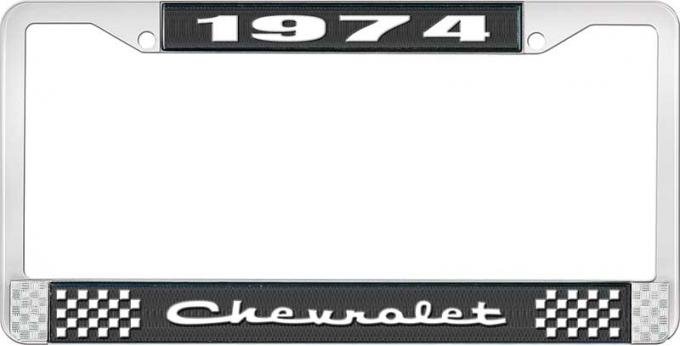 OER 1974 Chevrolet Style # 2 Black and Chrome License Plate Frame with White Lettering LF2237402A
