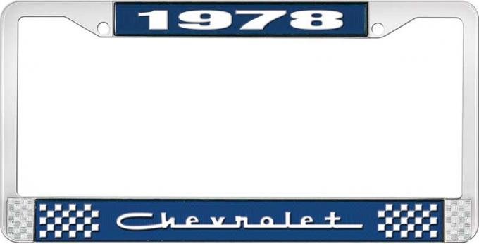 OER 1978 Chevrolet Style # 5 Blue and Chrome License Plate Frame with White Lettering LF2237805B