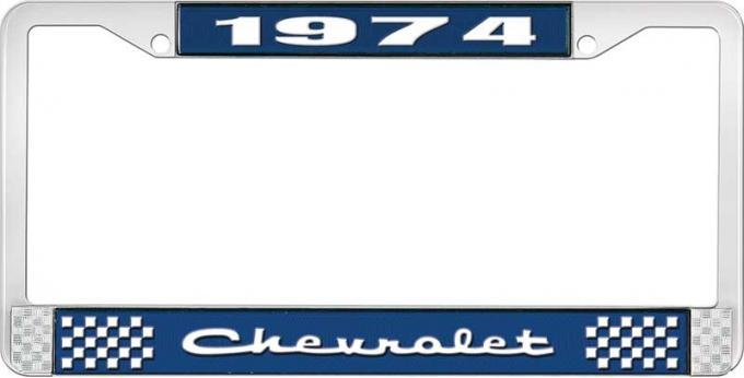 OER 1974 Chevrolet Style # 2 Blue and Chrome License Plate Frame with White Lettering LF2237402B