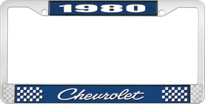 OER 1980 Chevrolet Style # 4 Blue and Chrome License Plate Frame with White Lettering LF2238004B