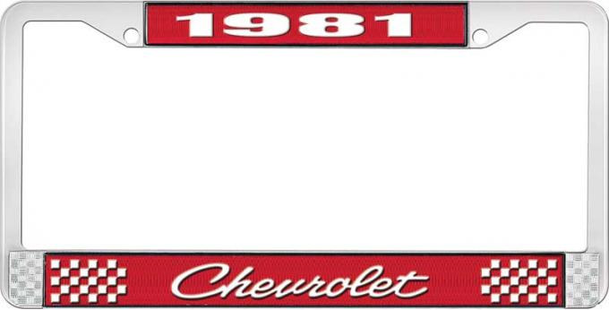 OER 1981 Chevrolet Style # 4 Red and Chrome License Plate Frame with White Lettering LF2238104C