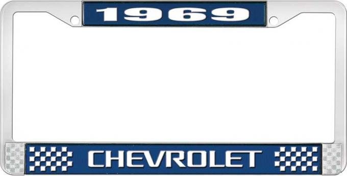 OER 1969 Chevrolet Style # 3 Blue and Chrome License Plate Frame with White Lettering LF2236903B