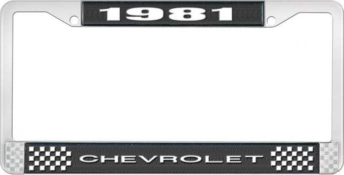 OER 1981 Chevrolet Style # 1 Black and Chrome License Plate Frame with White Lettering LF2238101A