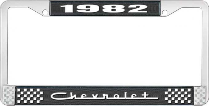 OER 1982 Chevrolet Style # 5 Black and Chrome License Plate Frame with White Lettering LF2238205A