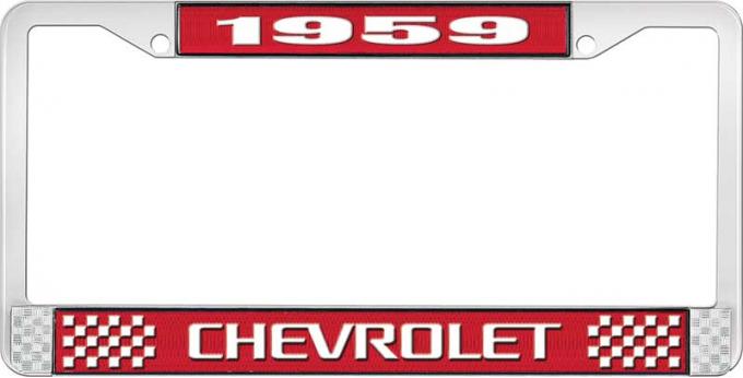 OER 1959 Chevrolet Style #3 Red and Chrome License Plate Frame with White Lettering LF2235903C