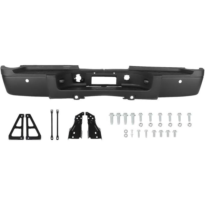OER 2007-10 Silverado, Sierra 2500HD, 3500 GMT900 Single Rear Wheel Models, Rear Step Bumper Assembly, For Models With Parking Assist, With Brackets, Hardware, Black Endcaps T71287