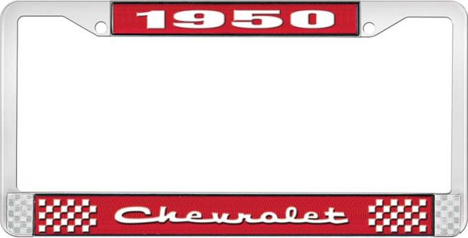 OER 1950 Chevrolet Style #2 Red and Chrome License Plate Frame with White Lettering LF2235002C