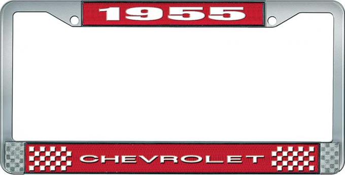 OER 1955 Chevrolet Style #1 Red and Chrome License Plate Frame with White Lettering LF2235501C