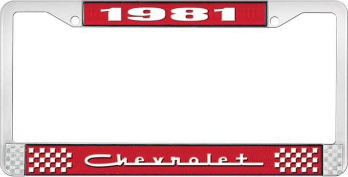 OER 1981 Chevrolet Style # 5 Red and Chrome License Plate Frame with White Lettering LF2238105C