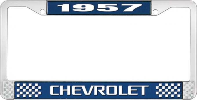 OER 1957 Chevrolet Style #3 Blue and Chrome License Plate Frame with White Lettering LF2235703B