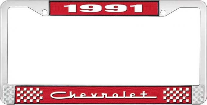 OER 1991 Chevrolet Style # 5 Red and Chrome License Plate Frame with White Lettering LF2239105C