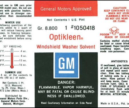 1959-72 GM, Optikleen Windshield Washer Bottle Decal