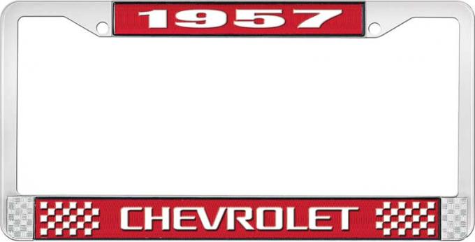 OER 1957 Chevrolet Style #3 Red and Chrome License Plate Frame with White Lettering LF2235703C