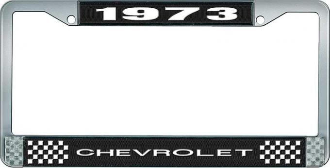 OER 1973 Chevrolet Style # 1 Black and Chrome License Plate Frame with White Lettering LF2237301A