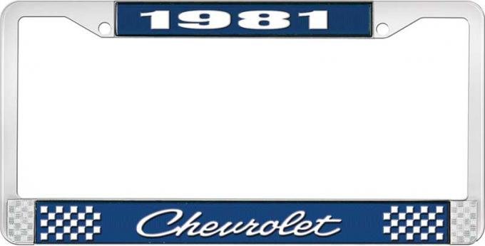 OER 1981 Chevrolet Style # 4 Blue and Chrome License Plate Frame with White Lettering LF2238104B