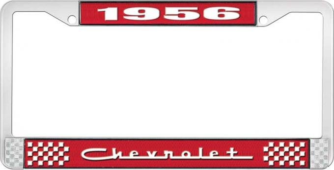 OER 1956 Chevrolet Style #5 Red and Chrome License Plate Frame with White Lettering LF2235605C