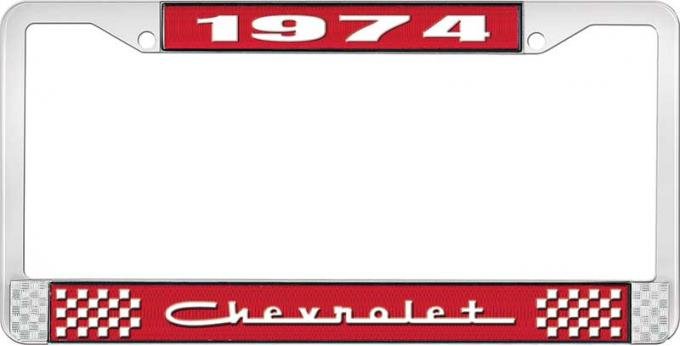 OER 1974 Chevrolet Style # 5 Red and Chrome License Plate Frame with White Lettering LF2237405C
