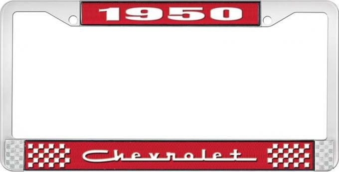OER 1950 Chevrolet Style #5 Red and Chrome License Plate Frame with White Lettering LF2235005C