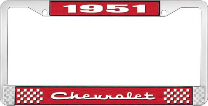 OER 1951 Chevrolet Style #2 Red and Chrome License Plate Frame with White Lettering LF2235102C