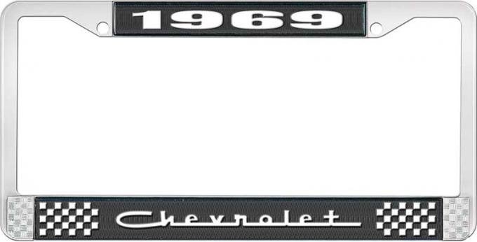 OER 1969 Chevrolet Style # 5 Black and Chrome License Plate Frame with White Lettering LF2236905A