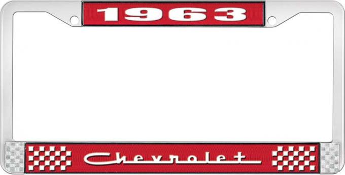 OER 1963 Chevrolet Style #5 Red and Chrome License Plate Frame with White Lettering LF2236305C