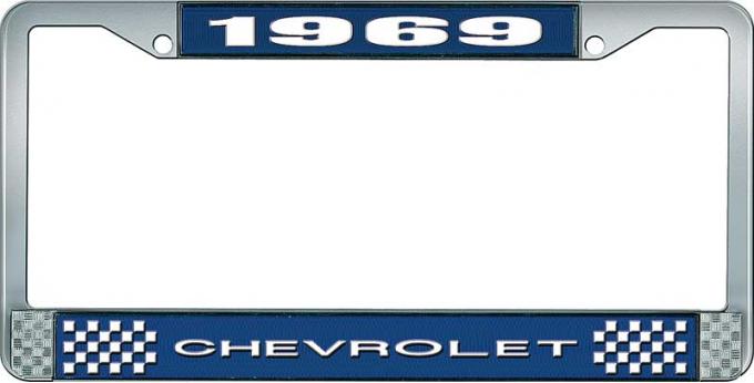 OER 1969 Chevrolet Style # 1 Blue and Chrome License Plate Frame with White Lettering LF2236901B