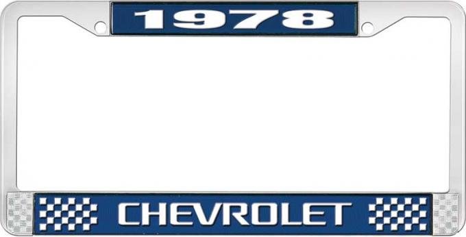 OER 1978 Chevrolet Style # 3 Blue and Chrome License Plate Frame with White Lettering LF2237803B