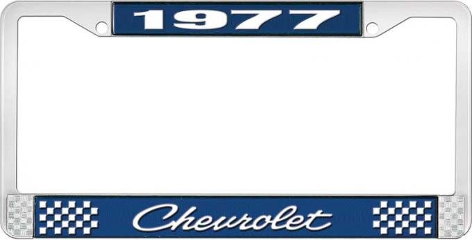 OER 1977 Chevrolet Style # 4 Blue and Chrome License Plate Frame with White Lettering LF2237704B