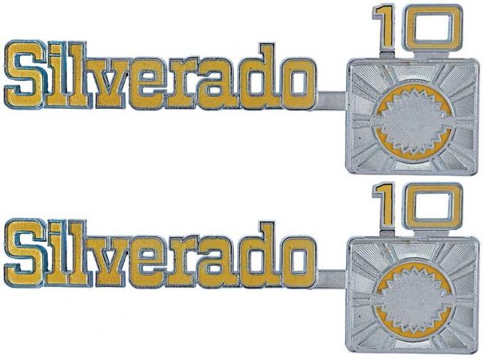 1975-80, Chevrolet Pickup, Suburban, "Silverado 10", Front, Fender Emblems, with Hardware, Pair, GM Licensed