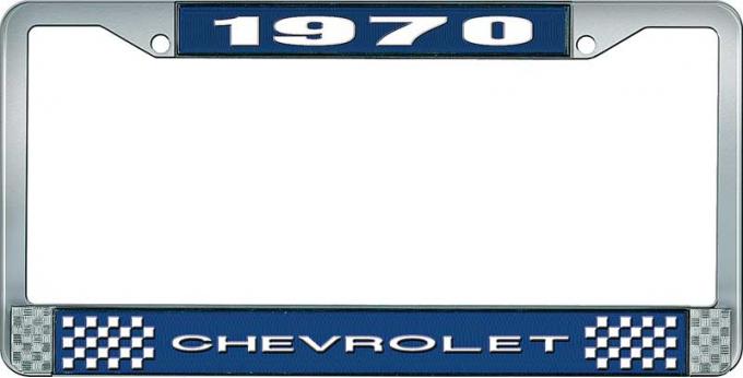 OER 1970 Chevrolet Style # 1 Blue and Chrome License Plate Frame with White Lettering LF2237001B
