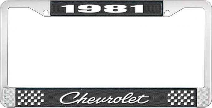 OER 1981 Chevrolet Style # 4 Black and Chrome License Plate Frame with White Lettering LF2238104A