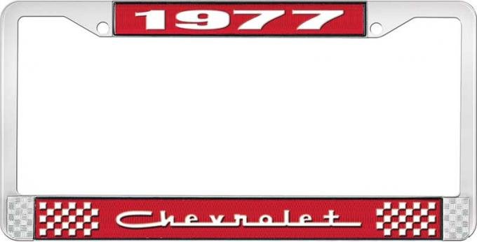 OER 1977 Chevrolet Style # 5 Red and Chrome License Plate Frame with White Lettering LF2237705C
