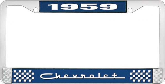 OER 1959 Chevrolet Style #5 Blue and Chrome License Plate Frame with White Lettering LF2235905B