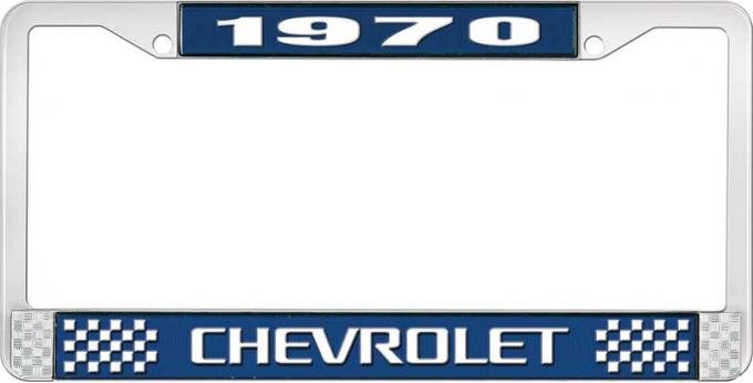 OER 1970 Chevrolet Style # 3 Blue and Chrome License Plate Frame with White Lettering LF2237003B